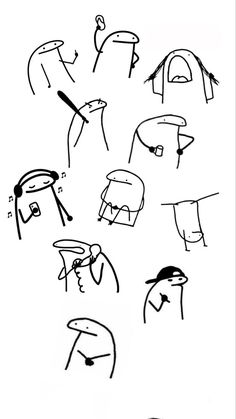 some black and white drawings of people with hats