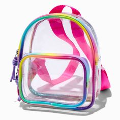 Claire's Clear Rainbow Small Backpack Trendy Adjustable Bags For Back To School, School Bags With Adjustable Strap In Plastic, School Bags With Adjustable Strap And Plastic Material, Pink Adjustable Backpack For Back To School, Adjustable Pink Backpack For Back To School, Trendy Backpack For School Events, Plastic Travel Backpack, Trendy Bags For End Of School Year Events, Adjustable Pink School Bag