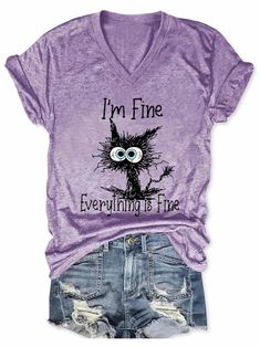 I Am Fine Everything Is Fine Slogan Tshirt Print Tee Casual Top Vacation Streetwear, I Am Fine, Streetwear Preppy, Black Cat Print, Slogan Tshirt, Animal Cat, Everything Is Fine, Plus Size Kleidung, Print Pullover