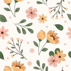 a floral pattern with pink and yellow flowers on a white background in pastel colors