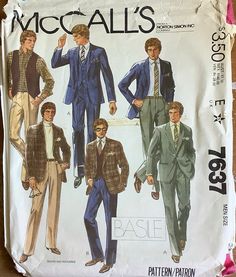 McCalls 7637, Men's Jacket, Vest and Pants: Lined, buttoned jacket A or B has notched collar, buttonhole in left lapel, left breast pocket and two-piece sleeves with button-trimmed vents. Jacket A has lower buttonhole pockets. B has patch pockets. Lined, buttoned vest has welt pockets, back neckband and buckled back belts. Pants with fly front zipper have inset pockets, front pleats, back pocket and buttoned waistband with belt carriers. Designer -  Basile - Copyright 1981 Chest: 34 28 Hip: 35 This pattern is cut and is INcomplete. LENGTHS cut and pieces are included. The MISSING PIECES are 22 - INTERFACING and 45 - FRONT INSET AND POCKET. . The Guide is taped. The envelope has tattering.   OR Chest:   42 Waist:    36 Hip:       43 This pattern is  uncut and factory folded.    The envelope 80s Mens Suit, Suit Patterns Men's, Mens Pants Pattern Sewing, 1960 Outfits, Men Pants Pattern, 80’s Men, Mens Sewing Patterns, Vest And Pants, 1950s Mens