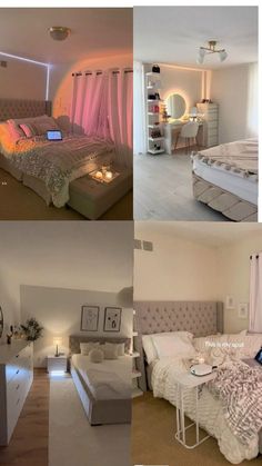 there are four pictures of different rooms in the same house, each with a bed and desk