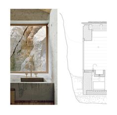 an architectural drawing shows the interior and exterior of a house, with a sink in front of it