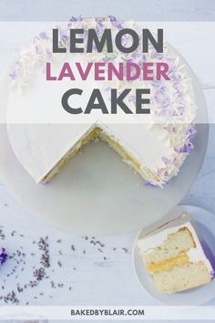 a lemon layer cake with white frosting and lavender sprinkles