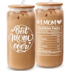 two mason jars filled with peanut butter and one has a straw in the lid that says best mom ever