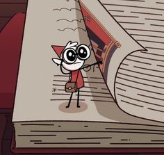 a cartoon character standing in front of an open book and looking at the viewer through it