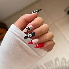 Black Red And White Nails, Soft Grunge Nails, Cowboy Nails, Black Almond Nails, Vegas Nails, Boho Nails, Gel Nails Diy, Grunge Nails, Summery Nails