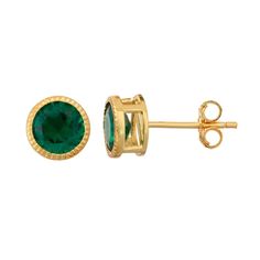 Add a hint of glamour with these milgrain stud earrings, featuring a gorgeous lab-created emerald. Click on this JEWELRY & WATCHES GUIDE to learn about fit, styles, materials and more!EARRING DETAILS Diameter: 7 mm Backings: post Metal: sterling silver Plating: 14k gold Packaging: boxed STONE DETAILS Stone type: lab-created emerald Total weight: 1 2/5 ct. Shape: round Setting: prong Gemstones may have been treated to enhance their appearance. Special care may be required. Please visit our Gemstone Treatment & Special Care Guide for more information. Size: One Size. Color: Gold Tone. Gender: female. Age Group: adult. Material: Gold Over Sterling. Gold Emerald Earrings, Emerald Green Earrings, Silver Lab, Earrings Emerald, Post Metal, Emerald Earrings Studs, Lab Created Emerald, Yellow Gold Earrings, Earrings Round