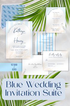 This editable wedding invitation suite captures the romance and ease of coastal luxury in every detail, with colors of soft blue and warm beige, and perfectly sets the tone for your day. Each piece has been thoughtfully designed to provide a cohesive, enchanting, and breezy look from the stunning retro styled blue Envelope Liner offering a delightful surprise upon opening, to the Belly Band wrapping everything together in an elegant bundle. 
This beautiful wedding stationery is editable in Canva and can be easily customized with your event details and sent out to your guests. Artwork can be added/resized/deleted; text color, font, & text size can be changed; background color can be changed.