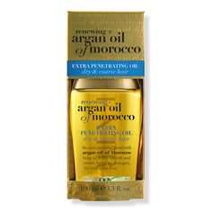 Renewing + Argan Oil of Morocco Extra Penetrating Oil - RENEW ARGAN OIL OF MOROCCO XS 3.3OZBenefitsFor medium to coarse-textured hair, the oil seals in nutrients & shine for hair that looks radiantMoisturizing serum helps create soft, touchable tresses that shine while helping improve elasticitySoothing sweet citrus-fresh, floral-green & woody scent leaves locks smelling irresistibly goodThis hair serum helps penetrate the hair shaft to renew, strengthen & soften strandsFor a full hair care rout Argan Oil Morocco, Ogx Hair Products, Argan Oil Of Morocco, Course Hair, Towel Dry Hair, Moroccan Argan Oil, Luscious Hair, Healing Oils, Dry Oil