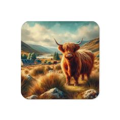 a painting of a bull standing in the middle of a field with mountains behind it