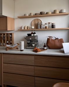 the kitchen counter is clean and ready to be used for breakfast or dinner time,