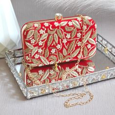 Luxury Embroidered velvet Zardozi work clutch bag with detachable hanging chain.  Perfect for evening parties and a special occasion. Zardozi Work, Designer Clutch Bags, Velvet Clutch, Embroidered Velvet, Wedding Purse, Clutches For Women, Potli Bags, Bridal Clutch, Designer Clutch