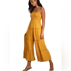 Women’s Jumpsuit Lulus Style Name: Get The Vibe Smocked Wide Leg Jumpsuit Color: Mustard Yellow Size Xs Woven And Adorned With Textured Dots And Shiny Silver Threads Stretchy Smocked Bodice Adjustable Spaghetti Straps Ruffled Tiers Throughout Wide Flowy Pant Legs Lined New With Tags Sold Out Style Yellow Ruffled Jumpsuits And Rompers For Summer, Solid Jumpsuits And Rompers With Smocked Bodice For Beach, Solid Color Jumpsuit With Smocked Bodice For Beach, Solid Jumpsuit With Smocked Bodice For Beach, Yellow Fitted Jumpsuits And Rompers With Ruffles, Fitted Yellow Ruffle Jumpsuits And Rompers, Beach Jumpsuit With Smocked Bodice, Yellow Summer Jumpsuits And Rompers For Vacation, Fitted Yellow Jumpsuits And Rompers For Brunch