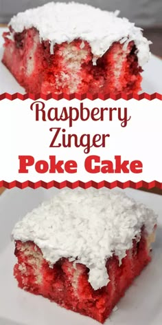 two pieces of raspberry zinger poke cake on a white plate with red and white border