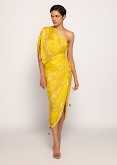 Saaksha & Kinni-Yellow Bandhani Print Sari Dress-INDIASPOPUP.COM Sari Style, Corset Style Dresses, Bandhani Print, Cotton Silk Dress, Sari Dress, Designer Midi Dresses, Dress One Shoulder, Indian Fashion Designers, Saree Dress