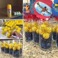 several pictures of plastic cups filled with yellow and blue balls