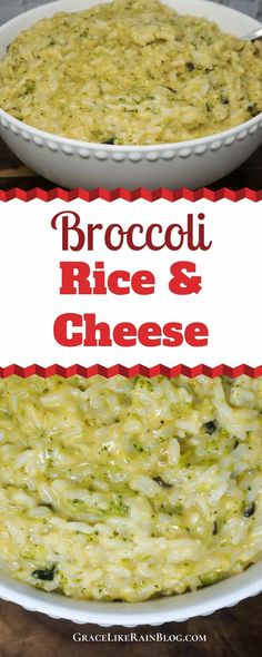 broccoli rice and cheese casserole in a white dish with red border