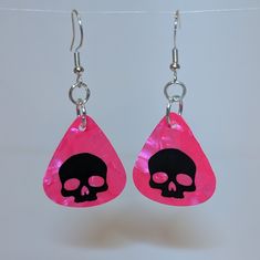 These Are Handmade Earrings Made From Guitar Picks And Sterling Silver (925) Hoops. Since These Are Handmade, Each Item Is Unique And May Vary Slightly. Listing Is For 1 Set Of Earrings. Hot Pink Pick With Black Skull Design Guitar Pick Earrings, Pink Skull, Neon Aesthetic, Black Skull, Black Skulls, Guitar Picks, Earrings Pink, Skull Design, Guitar Pick