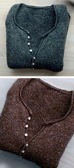 two pictures showing different types of sweaters with buttons on the front and back of them