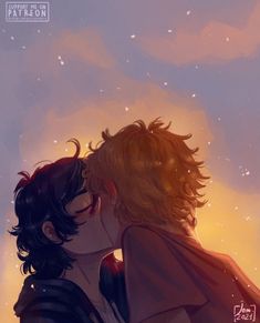 two people kissing each other in front of a sky with stars and clouds behind them