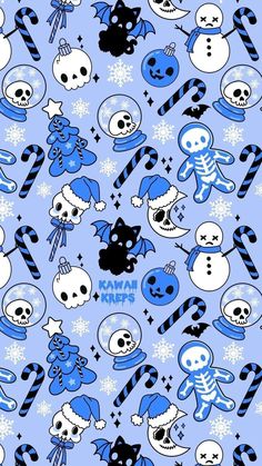 a blue and white pattern with skulls, snowmen, and candy canes on it