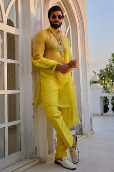 Lime yellow long jacket with gota embroidered floral jaal patterns. Comes with inner sheer kurta and stripe pattern pant. - Aza Fashions Sheer Kurta, Mandarin Collar Jacket, Organza Jacket, Kurta Men, Lime Yellow, Floral Jacket, Long Jacket, Embroidered Jacket, Pants Pattern