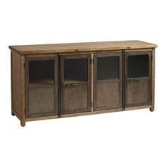 an old wooden cabinet with glass doors