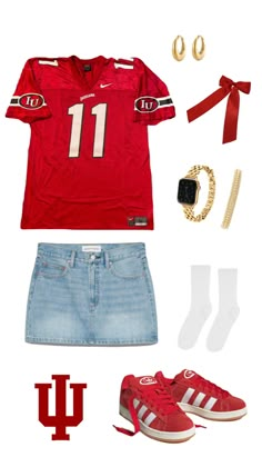 indiana univeristy, college game day, college football, tailgate outfit, outfit inspo, game day fit Unique Tailgate Outfits, Game Day Outfit Inspiration, Green And Gold Outfit Casual, Game Day Tshirt Outfit, Summer Tailgate Outfit, Trendy Game Day Outfits, College Theme Party Outfits, Ncsu Game Day Outfit, Bama Game Day Outfit Fall