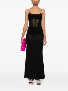 Alessandra Rich Draped lace-panel Maxi Dress - Farfetch Chic Evening Slip Dress With Lace Bodice, Chic Lace Bodice Slip Dress For Evening, Lace Bias-cut Maxi Dress For Evening, Evening Maxi Dress With Ruched Detail And Spaghetti Straps, Evening Maxi Dress With Spaghetti Straps And Lace, Evening Lace Maxi Dress With Spaghetti Straps, Lace Maxi Dress With Spaghetti Straps For Evening, Evening Lace Slip Dress, Sleeveless Evening Maxi Dress With Lace Trim