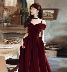 Wine Red Prom Dress Short, Red Velvet Dress Prom, A Line Gown Evening Party, Dark Red Dress Outfit, Red Dress Outfit Party, Dark Red Party Dress, Dark Red Dress Long, Burgundy Dress Formal, Wine Red Dresses