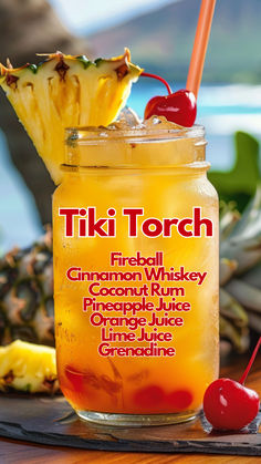 Tiki Torch Tiki Torch Cocktail, Tiki Torch Drink, Cocktail Ideas Alcoholic Drinks, Tiki Torch Drink Recipe, Whiskey Mixed Drinks Recipes, Alcoholic Drinks To Order At A Bar, Tiki Bar Cocktails, Tiki Bar Drinks Cocktail Recipes, 1 Gallon Alcoholic Drink Recipes