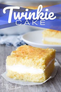 a close up of a piece of cake on a plate with the words twinkie cake above it