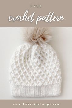 a white knitted hat with a pom - pom on the top and text overlay that reads free crochet pattern