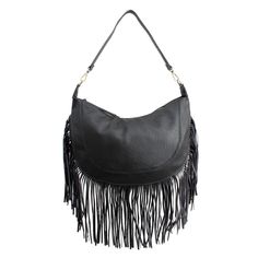 Women's Purse Black Soft Grain Vegan Faux Leather Rounded Hobo Saddle Shoulder Handbag Featuring Bottom Fringe and Stitching Detailing. Main Zipper Closure and Zipper Pocket on Back. Burnished Metal Hardware. Detachable Adjustable Crossbody Strap Included. Top Strap measures 13" tall. Fringe measures 9" long. Black Rectangular Bag With Fringe, Black Hobo Bag With Fringe For Daily Use, Black Fringe Hobo Bag For Daily Use, Black Fringe Bag For Shopping, Black Fringe Hobo Bag For Everyday, Black Fringe Shoulder Bag For Travel, Black Fringe Shoulder Bag For Shopping, Chic Black Bag With Fringe, Chic Black Fringe Bag