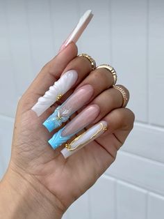 Hood Nail Designs, Baddie Blue Nails, Long Baddie Nails, Baddie Nails Ideas, Blue And White Nails, French Acrylic Nails, Classy Acrylic Nails