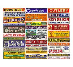 an assortment of vintage advertising signs