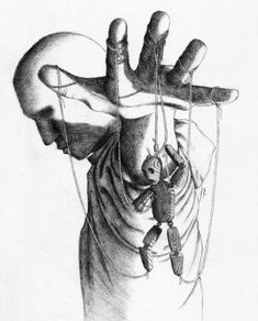 an ink drawing of a hand reaching out to a human body with strings attached to it