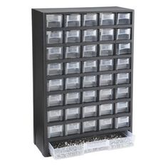 a black plastic storage cabinet filled with lots of clear bins on top of it