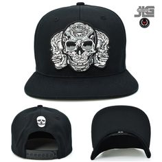 Thank you for shopping - JLGUSA SKULL Features Skull Snapback Hat Cap Brand New with Tag and Sticker 3 Skull Embroidery Across the Front Panel Crown. Skull Back Embroidery. All logos and letters on the crown embroidered, stitched on  100% Cotton | Flat Bill Contrasting button and grommet ventilation Adult size adjustable with plastic snap-back GREAT VALUE - WITH FAST SHIPPING All Hats are shipped in a BOX Skull Embroidery, Back Embroidery, Embroidery Cotton, Snap Back, Snap Backs, Hat Cap, Snapback Hat, Snapback Hats, Trucker Cap