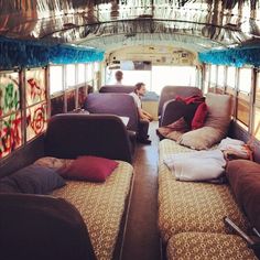 an old bus with beds and road trip states with good people