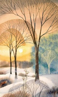 a watercolor painting of trees in the snow at sunset, with an orange sun behind them