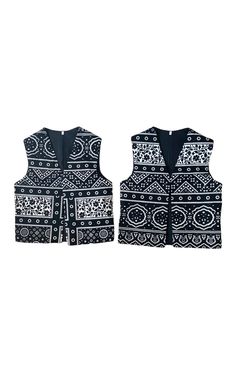 (DELIVERY AFTER CHRISTMAS) Exclusive to Sindh, this ajrak cloth with deep black base and symmetrical patterns has a historic and cultural significance that dates back to Indus Valley Civilization (2500 BC -1500 BC). This waistcoat is made on a premium quality Cotton fabric in a non-traditional and very popular black colour. The waistcoat is lined with black fabric. SIZE: Small (20) Chest : 34 in (86 cm) Waist : 34 in (86 cm) Length: 21 in (53 cm) * Please visit our etsy shop to see more designs Traditional Black Cotton Nehru Jacket, Black Folk Style Festival Vest, Black Printed Cotton Outerwear, Black Cotton Outerwear For Festivals, Black Cotton Festival Outerwear, Folk Style Black Outerwear For Festivals, Black Folk Style Outerwear For Festivals, Black Folk Outerwear For Festivals, Traditional Black Cotton Outerwear