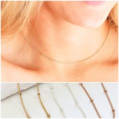 "This dainty necklace will add a little sparkle to your everyday! Our satellite necklace is perfect for layering or to wear alone long. This beautiful chain comes in your choice of 14kt gold filled, rose gold filled or sterling silver. DETAILS -Choose 14kt gold filled, rose gold filled or sterling silver -A high quality delicate satellite chain with a spring clasp -Adorned with our tiny signature tag on the clasp LENGTH - Please select from the drop down selection. - Model is wearing 16\" in Pho Dainty Adjustable Layered Necklace As Gift, Rose Gold Necklace With Delicate Chain For Bridesmaid, Rose Gold Delicate Chain Necklace For Bridesmaid, Simple Adjustable Charm Necklace With Delicate Chain, Simple Adjustable Charm Necklaces With Delicate Chain, Dainty Charm Necklace With Adjustable Delicate Chain, Delicate Necklace With Tiny Beads For Gifts, Dainty Charm Necklaces With Delicate Chain, Delicate Chain Necklace Gift