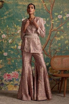 Dusky pink raw silk jacket with floral print and thread, pearls, green crystals and gold sequins embroidery. Comes with flared pant and a belt. - Aza Fashions Pant Suit Set, Ridhi Mehra, Floral Print Jacket, Dusky Pink, Pant Suit, Stylish Jackets, Silk Jacket, Red Pants, Flared Pants