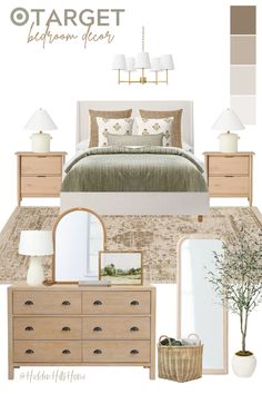 a bedroom is shown in shades of beige and green