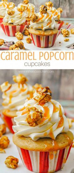 caramel popcorn cupcakes with white frosting on top