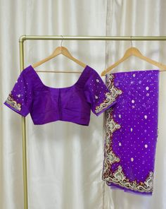 *Two Piece Saree Blouse Set  *The blouse is front open [plain in the front since the saree will cover the front neck]  *Heavy work net saree  *Readymade Blouse: Bust 38, 40 inches   *Please message us for size customization options! *Our store is located in Los Angeles and in-store pick up is welcome! *Color may vary slightly from picture Fitted Bollywood Style Pre-draped Saree For Festive Occasions, Fitted Pre-draped Saree With Resham Embroidery For Festivals, Semi-stitched Blouse With Sheer Dupatta, Purple Georgette Saree With Unstitched Blouse, Semi-stitched Bollywood Blouse Piece With Sheer Dupatta, Fitted Pre-draped Saree With Cutdana For Festivals, Fitted Pre-draped Saree With Mirror Work For Navratri, Fitted Pre-draped Saree With Sheer Dupatta For Festivals, Bollywood Style Fitted Pre-draped Saree With Dupatta