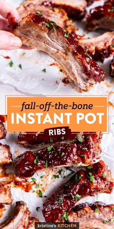 ribs with bbq sauce on them and the words fall off the bone instant pot ribs