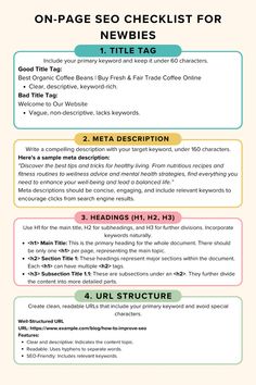 an info sheet with the title on page seo checklist for newbies and titles